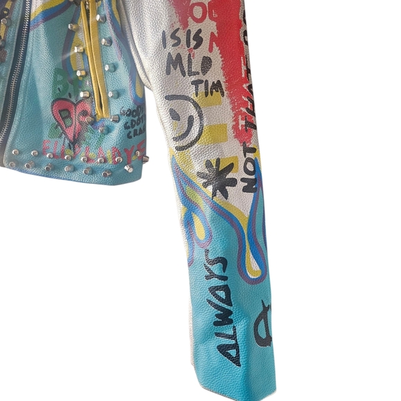 Azalea Wang Phoenix Moto Jacket Studded Graffiti Painted Cropped  Silver, Small - Picture 9 of 15